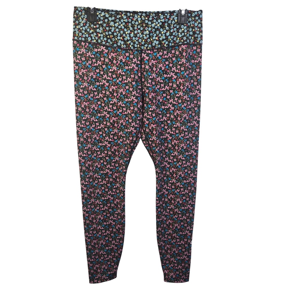 Nike Dri Fit Floral Leggings Womens Large Black Pink Blue High Rise Active Yoga